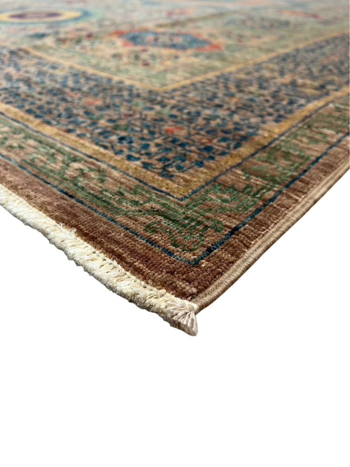 Sage Green &amp; Navy Mamluk Wool Rug – 5.7’ x 7.10’
