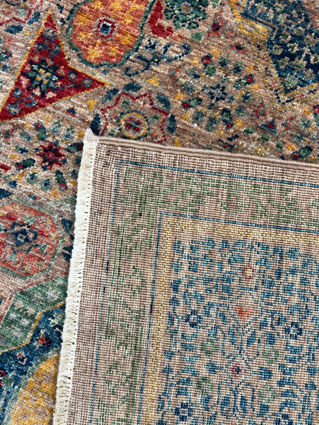 Sage Green &amp; Navy Mamluk Wool Rug – 5.7’ x 7.10’