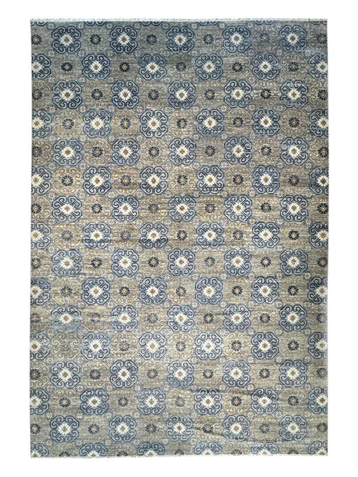 Gray, Blue &amp; Gold Geometric Floral Wool Rug – 12.2’ x 18.1’