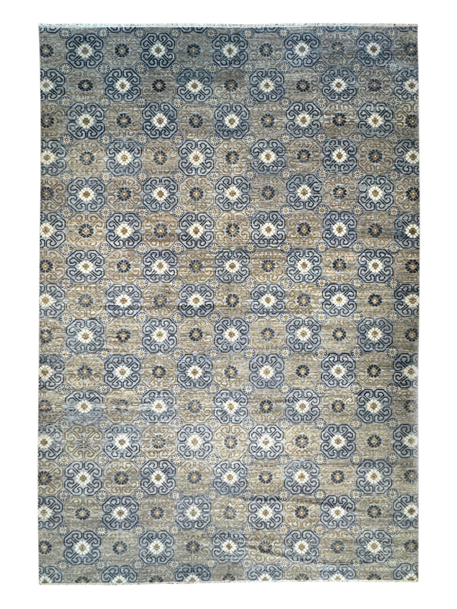 Gray, Blue & Gold Geometric Floral Wool Rug – 12.2’ x 18.1’