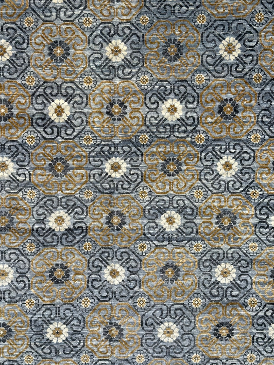 Gray, Blue &amp; Gold Geometric Floral Wool Rug – 12.2’ x 18.1’