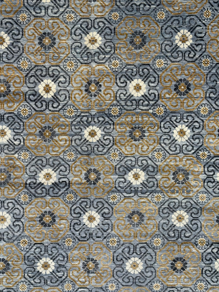 Gray, Blue &amp; Gold Geometric Floral Wool Rug – 12.2’ x 18.1’