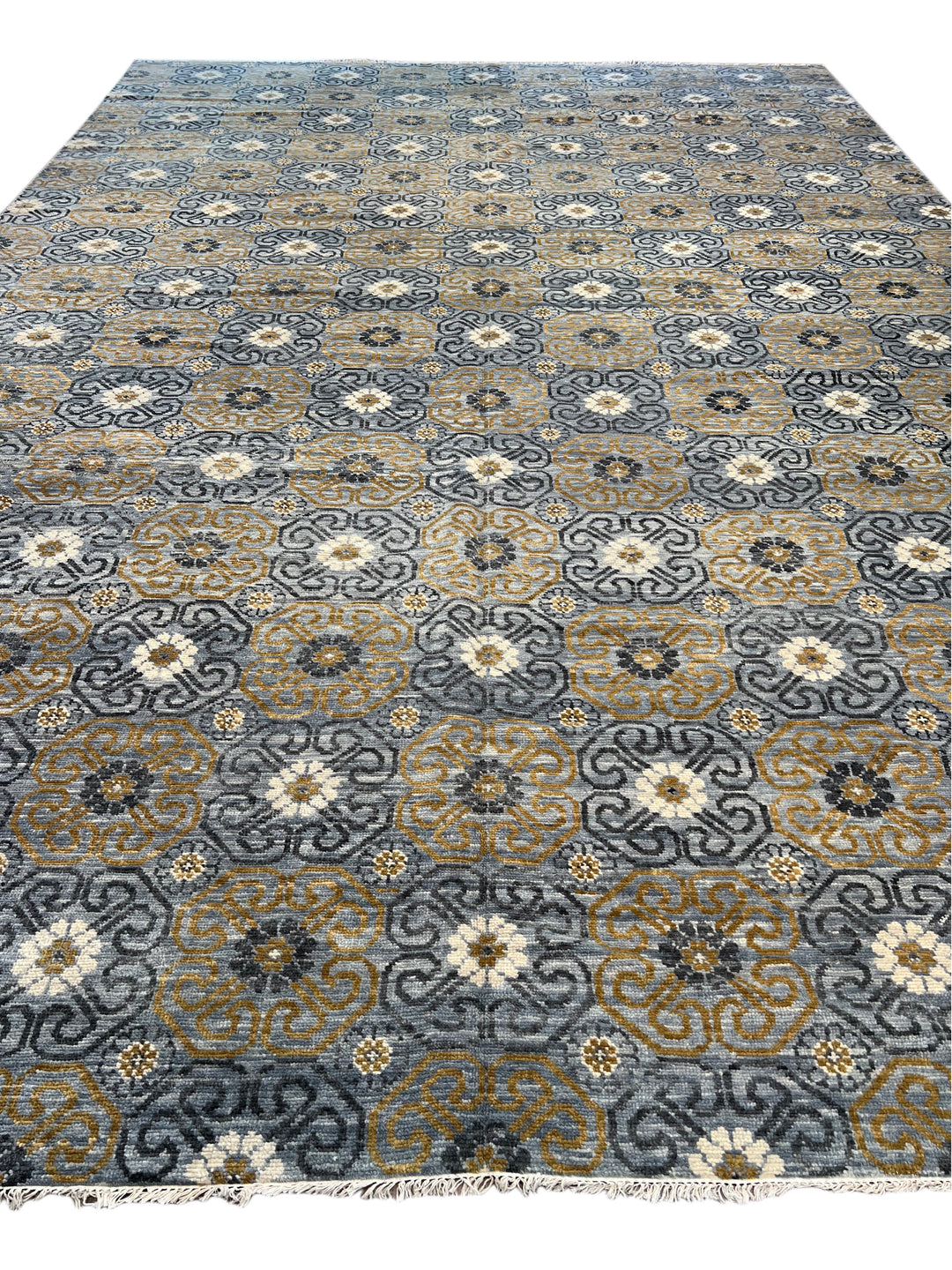 Gray, Blue &amp; Gold Geometric Floral Wool Rug – 12.2’ x 18.1’