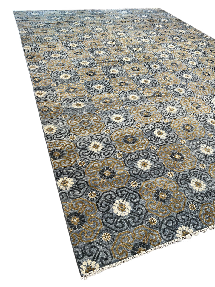 Gray, Blue &amp; Gold Geometric Floral Wool Rug – 12.2’ x 18.1’
