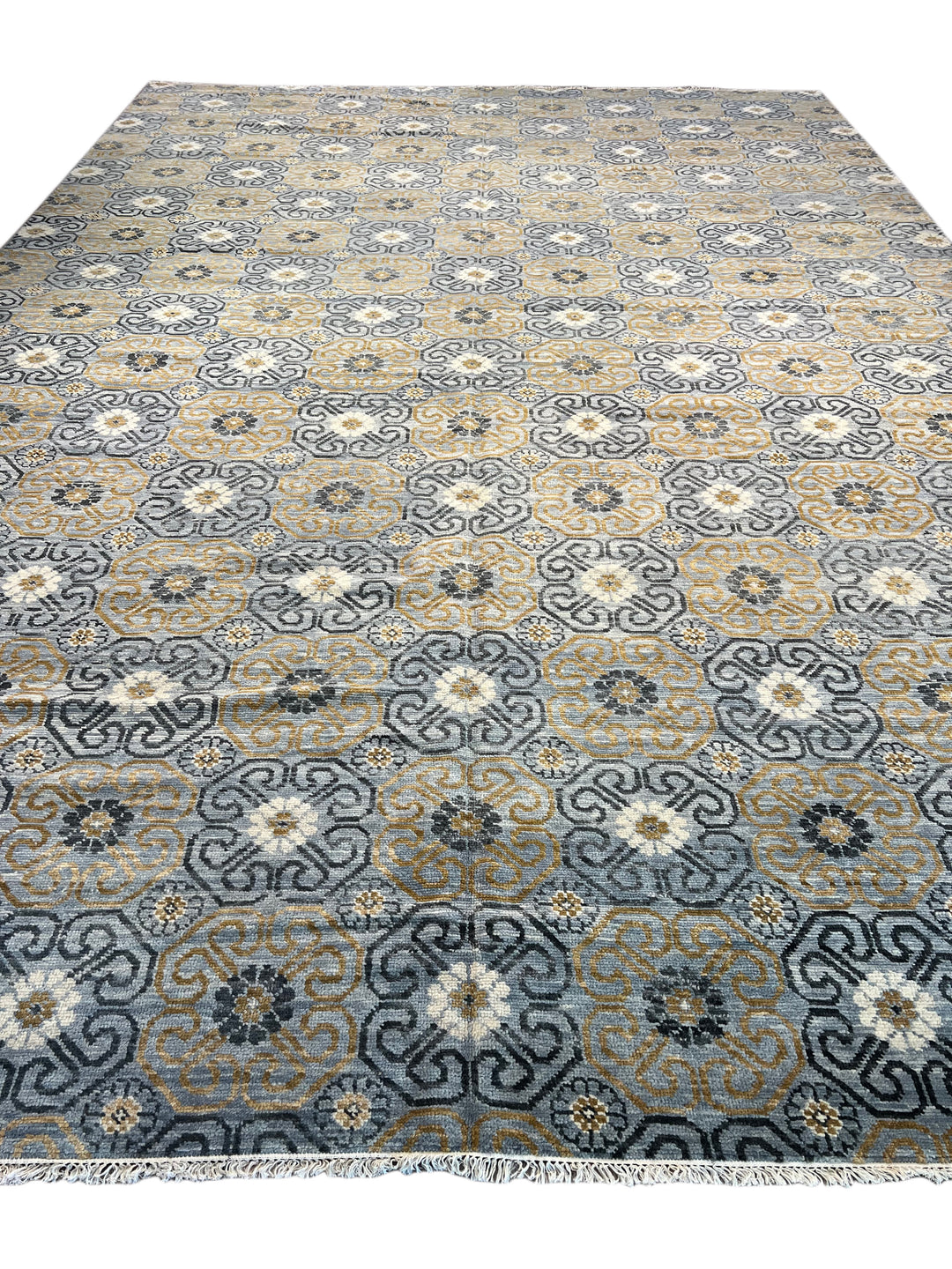 Gray, Blue &amp; Gold Geometric Floral Wool Rug – 12.2’ x 18.1’