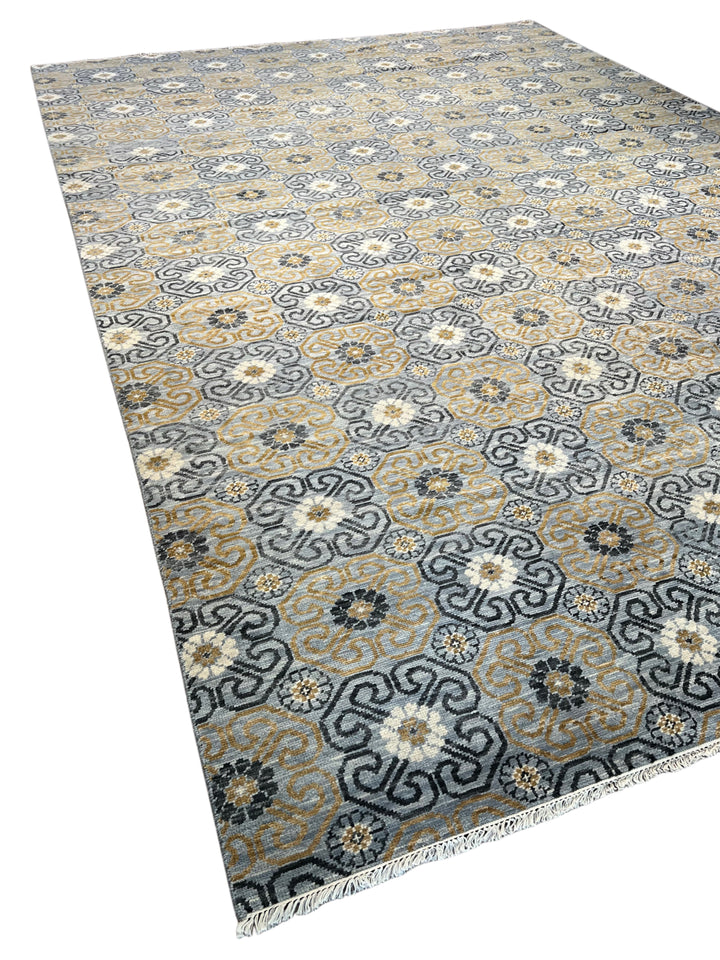 Gray, Blue &amp; Gold Geometric Floral Wool Rug – 12.2’ x 18.1’