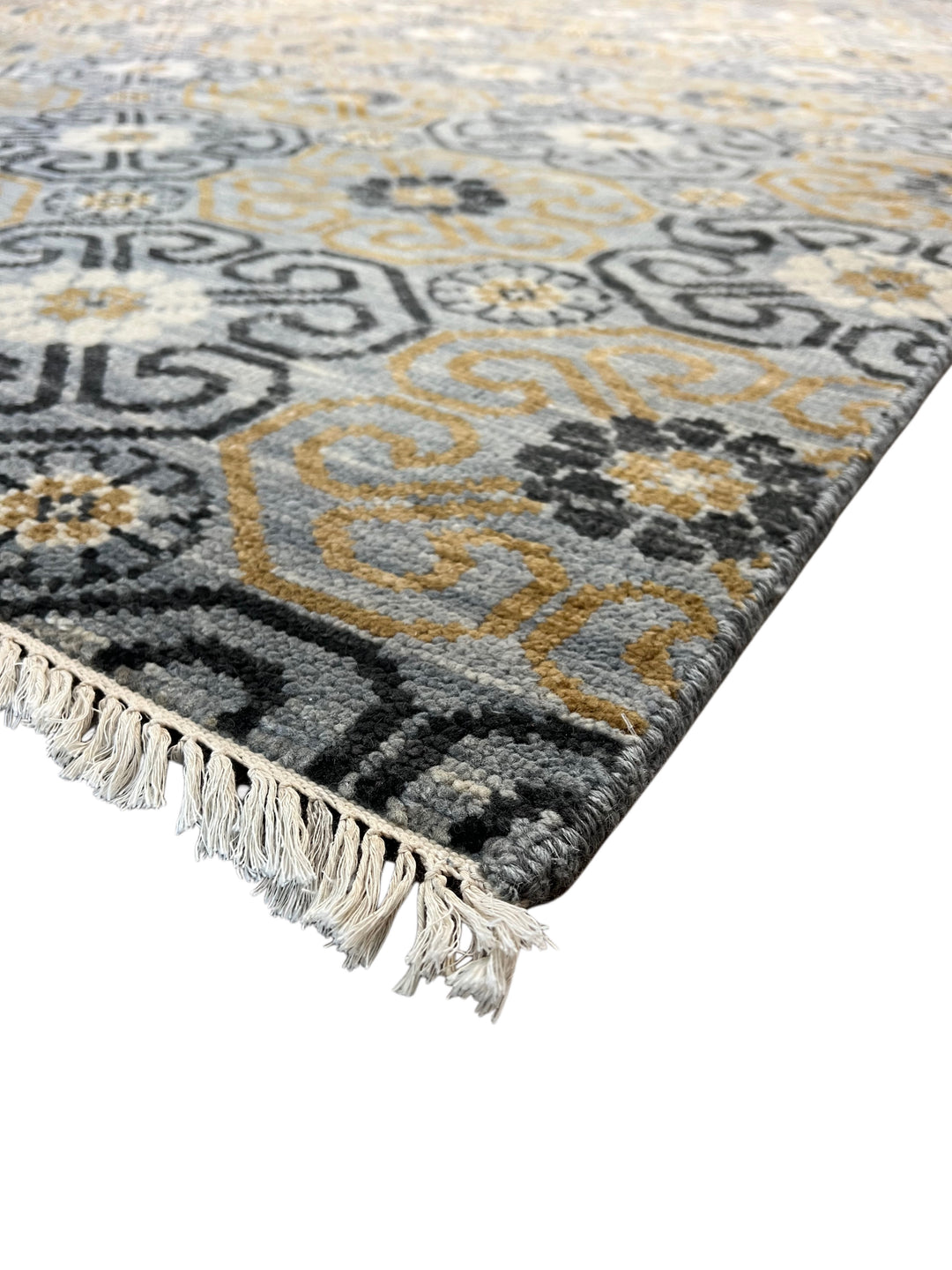 Gray, Blue &amp; Gold Geometric Floral Wool Rug – 12.2’ x 18.1’