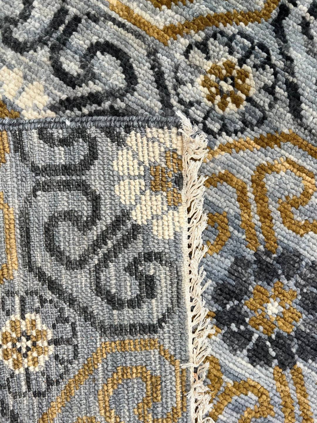 Gray, Blue &amp; Gold Geometric Floral Wool Rug – 12.2’ x 18.1’