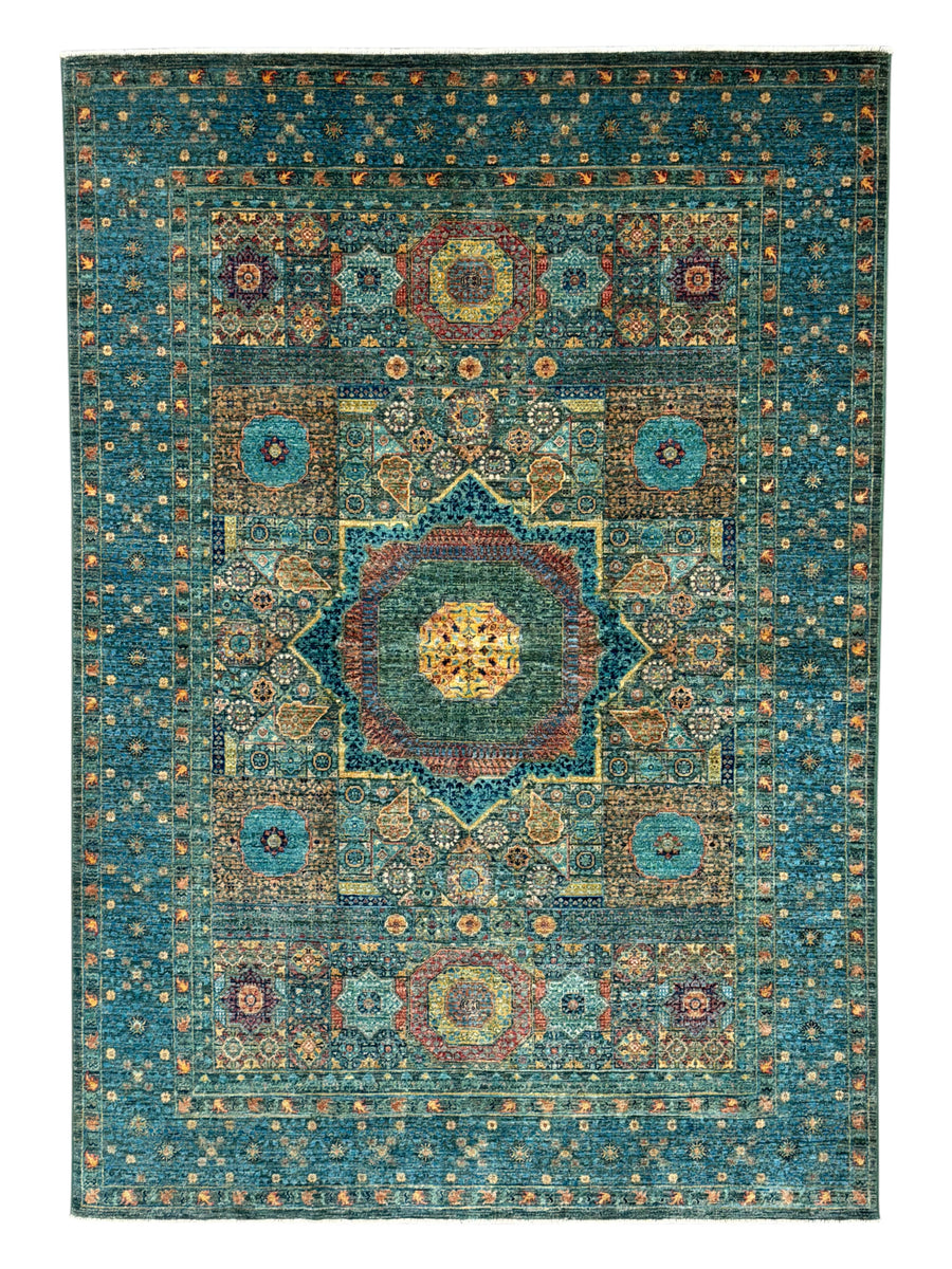 Deep Green & Teal Blue Mamluk Wool Rug – 5.5’ x 7.10’