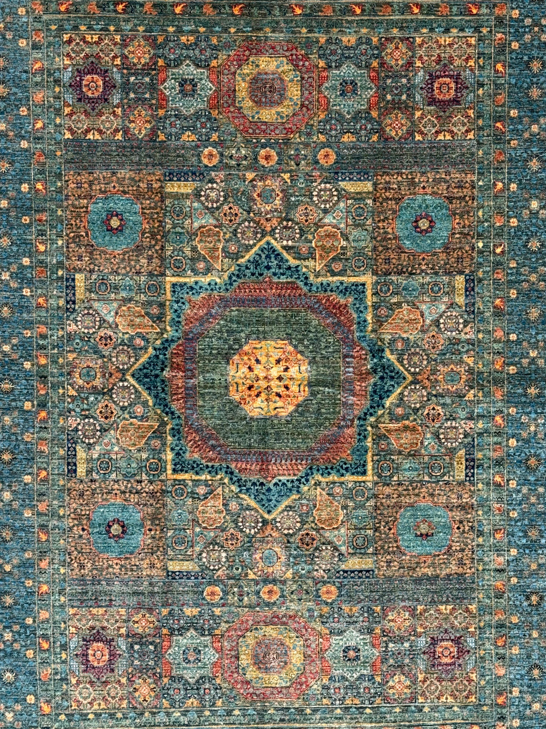 Deep Green &amp; Teal Blue Mamluk Wool Rug – 5.5’ x 7.10’