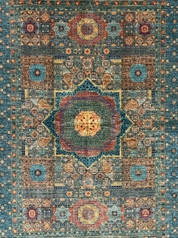 Deep Green &amp; Teal Blue Mamluk Wool Rug – 5.5’ x 7.10’