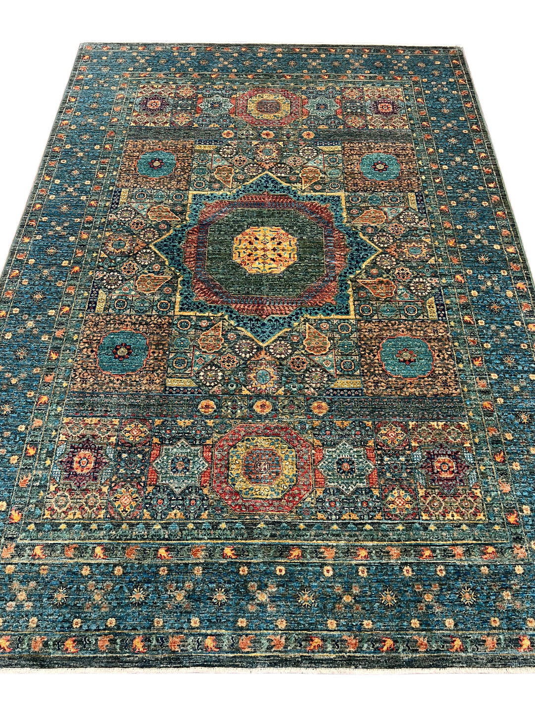 Deep Green &amp; Teal Blue Mamluk Wool Rug – 5.5’ x 7.10’