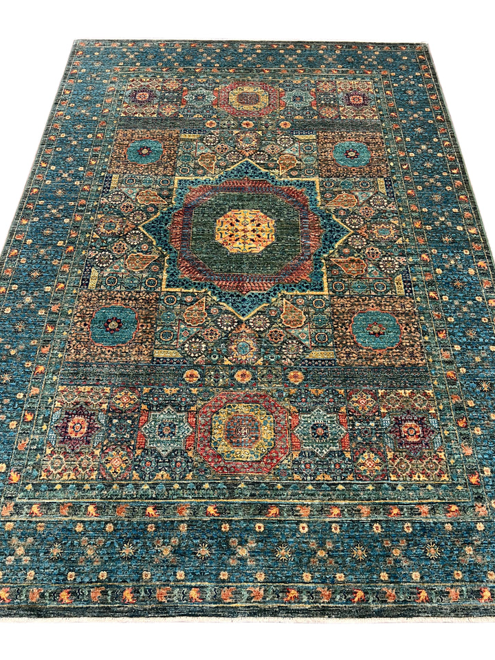 Deep Green &amp; Teal Blue Mamluk Wool Rug – 5.5’ x 7.10’