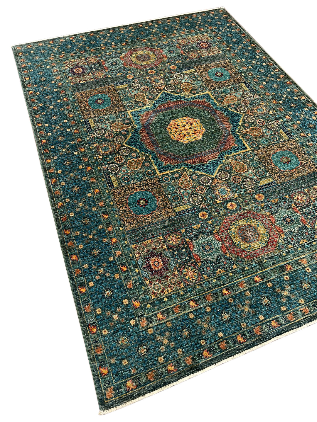 Deep Green &amp; Teal Blue Mamluk Wool Rug – 5.5’ x 7.10’