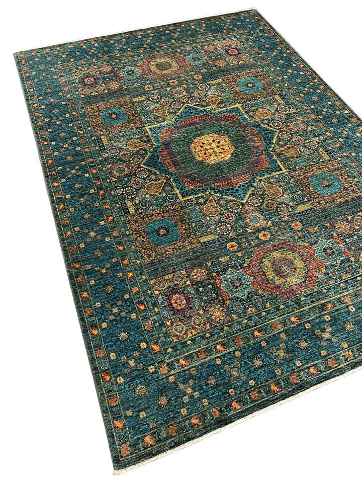 Deep Green &amp; Teal Blue Mamluk Wool Rug – 5.5’ x 7.10’