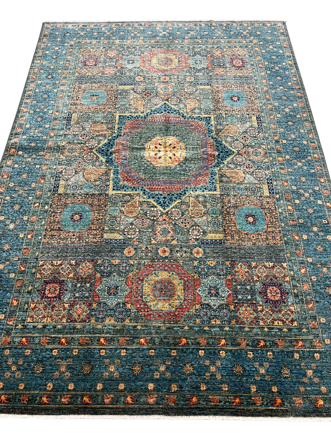 Deep Green &amp; Teal Blue Mamluk Wool Rug – 5.5’ x 7.10’