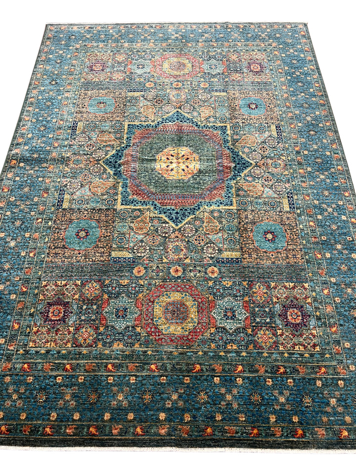 Deep Green &amp; Teal Blue Mamluk Wool Rug – 5.5’ x 7.10’
