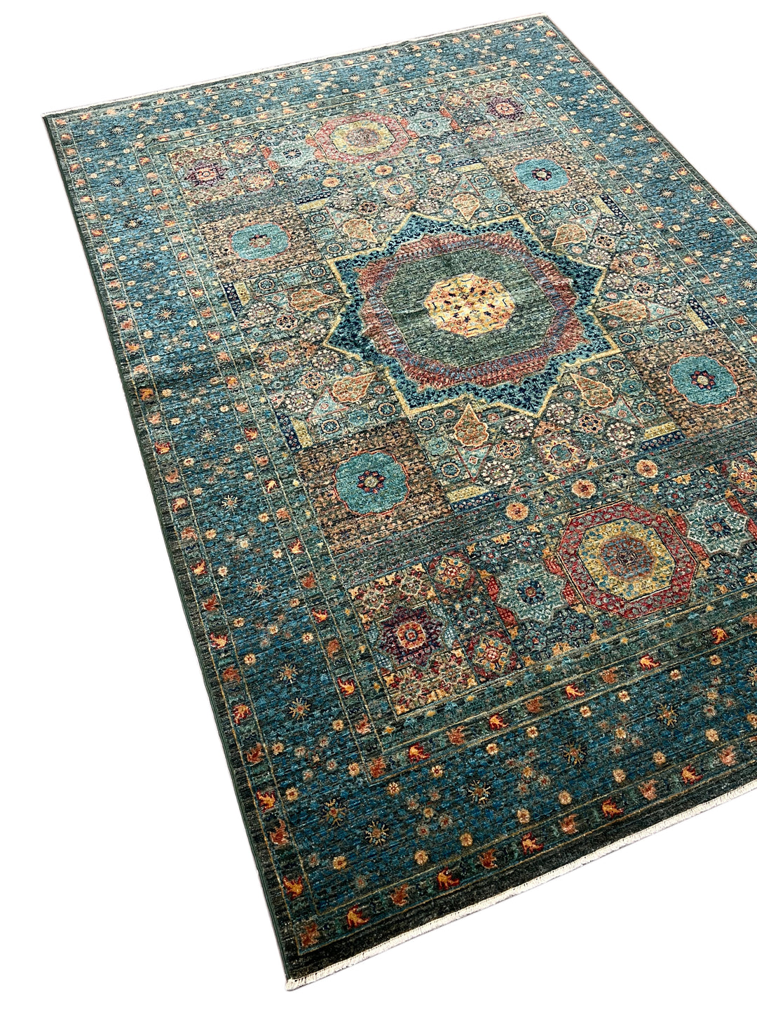 Deep Green &amp; Teal Blue Mamluk Wool Rug – 5.5’ x 7.10’