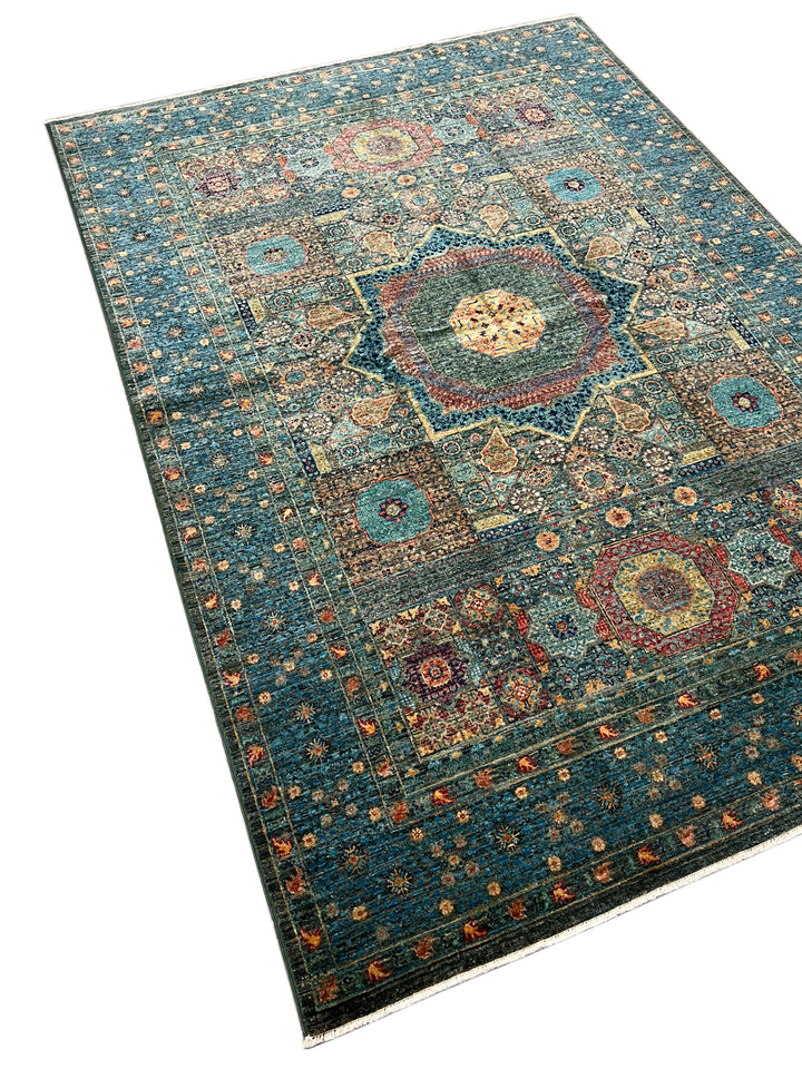 Deep Green &amp; Teal Blue Mamluk Wool Rug – 5.5’ x 7.10’