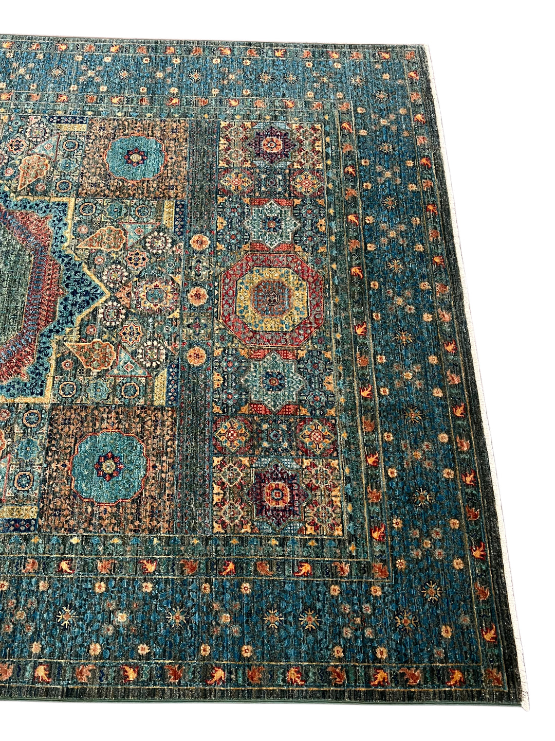 Deep Green &amp; Teal Blue Mamluk Wool Rug – 5.5’ x 7.10’