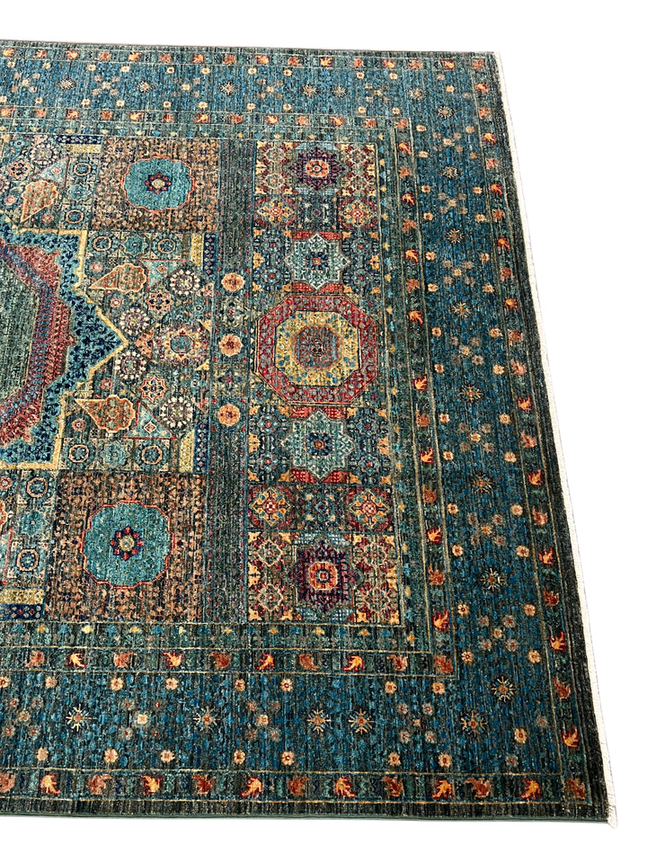 Deep Green &amp; Teal Blue Mamluk Wool Rug – 5.5’ x 7.10’