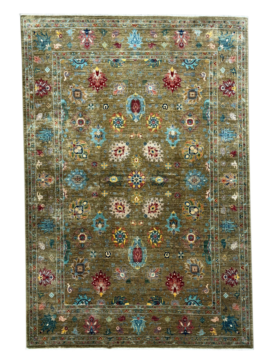 Olive Green & Turquoise Floral Wool Rug – 5.7’ x 8.1’