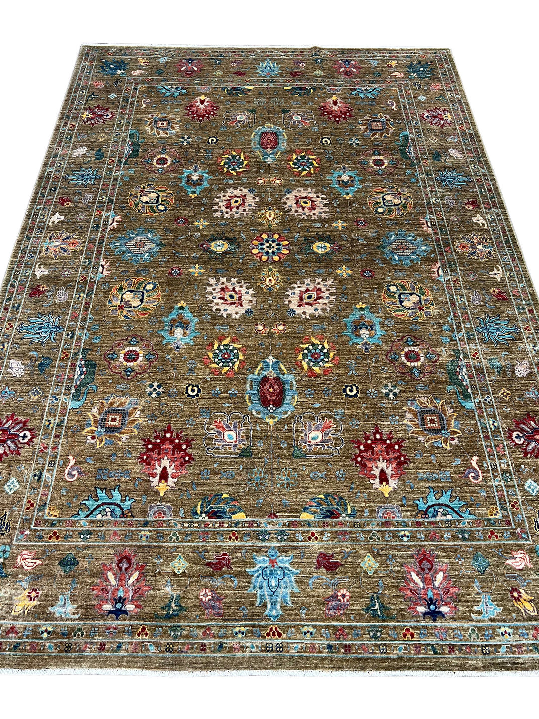 Olive Green &amp; Turquoise Floral Wool Rug – 5.7’ x 8.1’