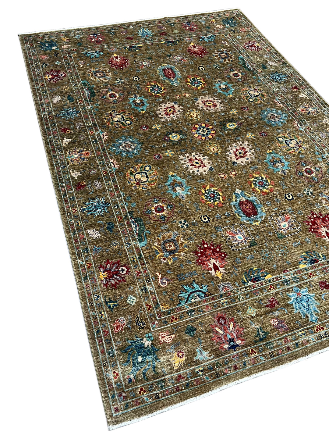 Olive Green &amp; Turquoise Floral Wool Rug – 5.7’ x 8.1’