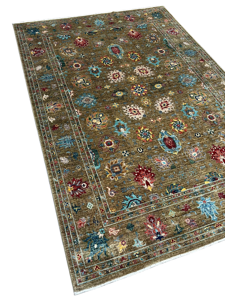 Olive Green &amp; Turquoise Floral Wool Rug – 5.7’ x 8.1’