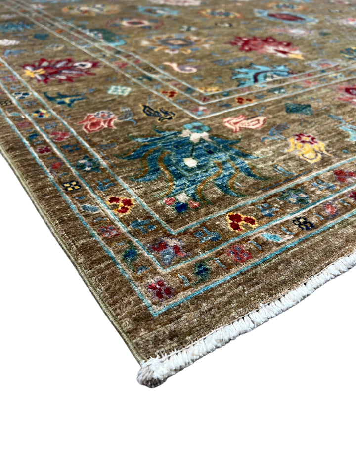 Olive Green &amp; Turquoise Floral Wool Rug – 5.7’ x 8.1’