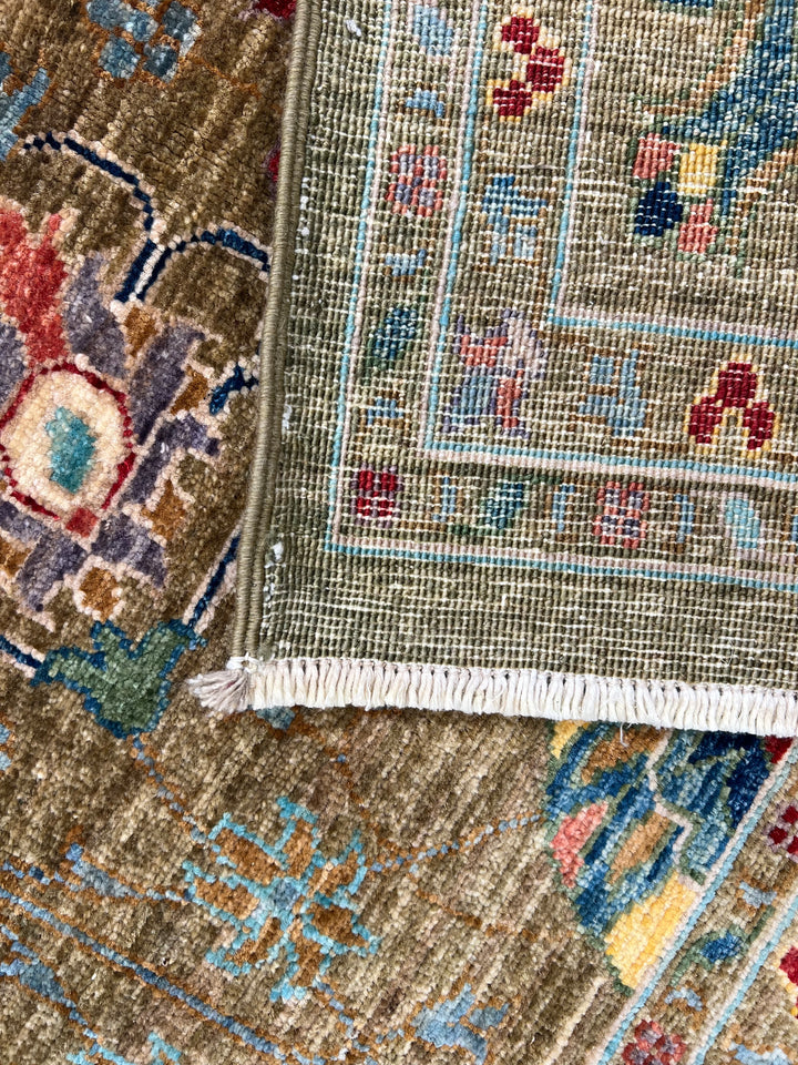Olive Green &amp; Turquoise Floral Wool Rug – 5.7’ x 8.1’