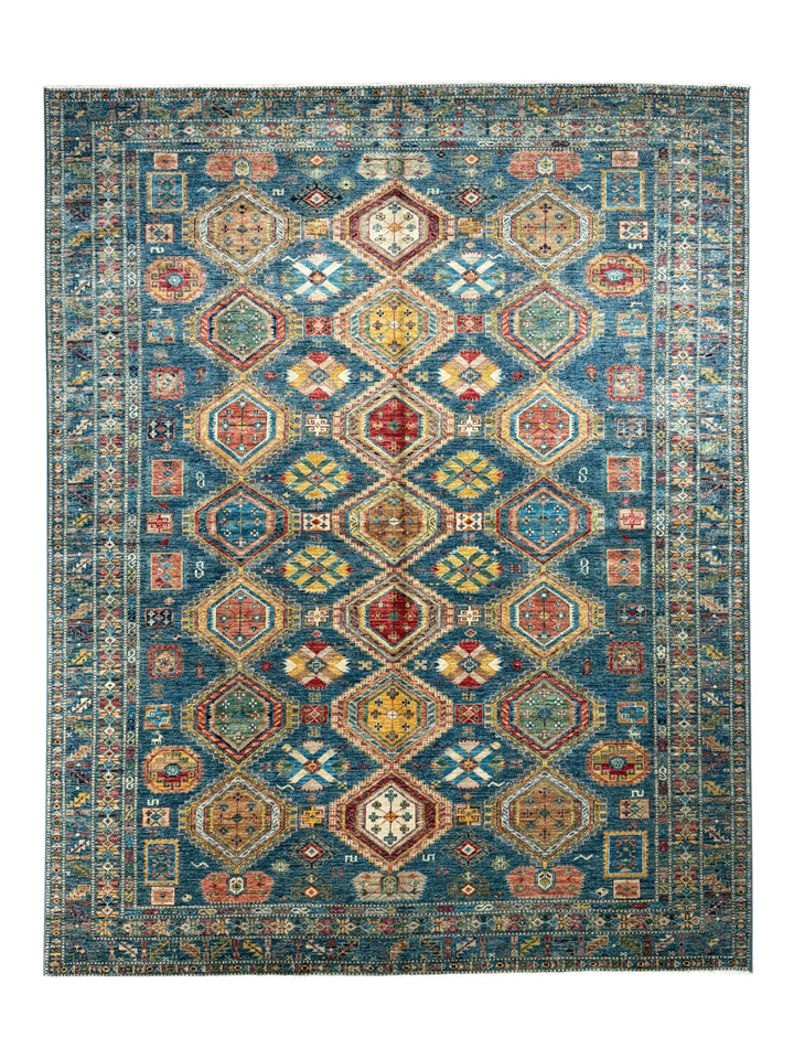 Deep Teal &amp; Multicolor Geometric Wool Rug – 8.3’ x 10.3’