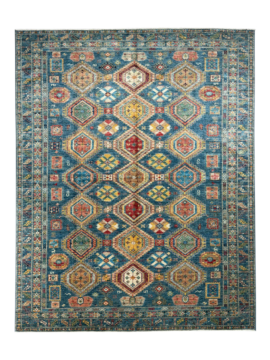 Deep Teal & Multicolor Geometric Wool Rug – 8.3’ x 10.3’