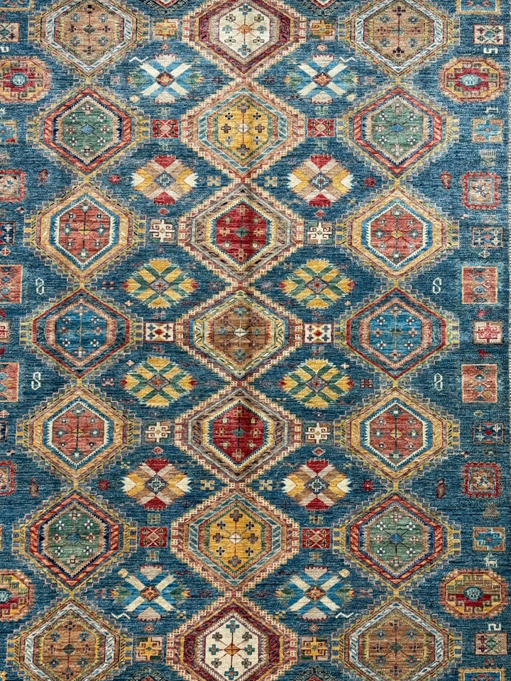 Deep Teal &amp; Multicolor Geometric Wool Rug – 8.3’ x 10.3’