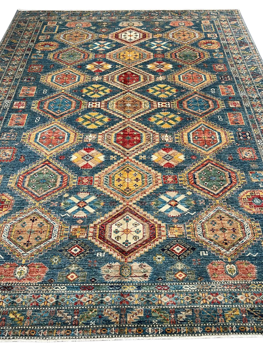 Deep Teal &amp; Multicolor Geometric Wool Rug – 8.3’ x 10.3’