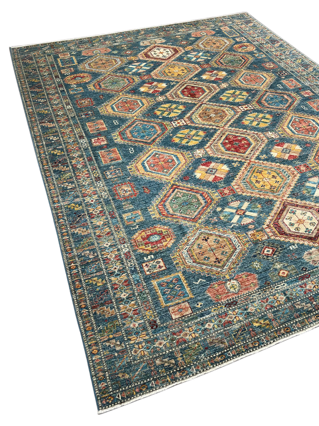 Deep Teal &amp; Multicolor Geometric Wool Rug – 8.3’ x 10.3’