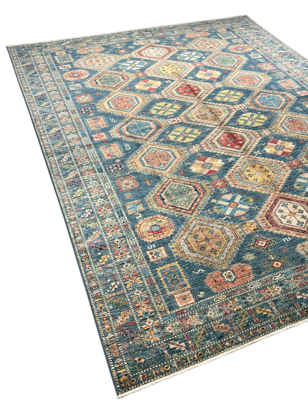 Deep Teal &amp; Multicolor Geometric Wool Rug – 8.3’ x 10.3’