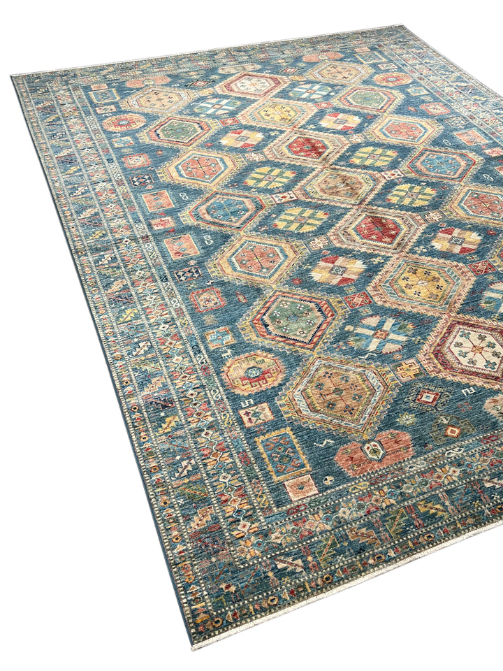 Deep Teal &amp; Multicolor Geometric Wool Rug – 8.3’ x 10.3’