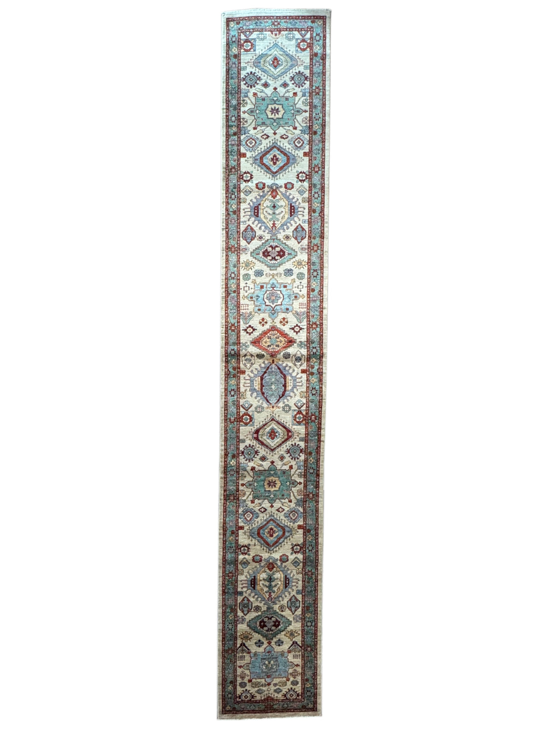 Ivory, Aqua Blue &amp; Rust Geometric Runner Rug – 2.9’ x 18.2’
