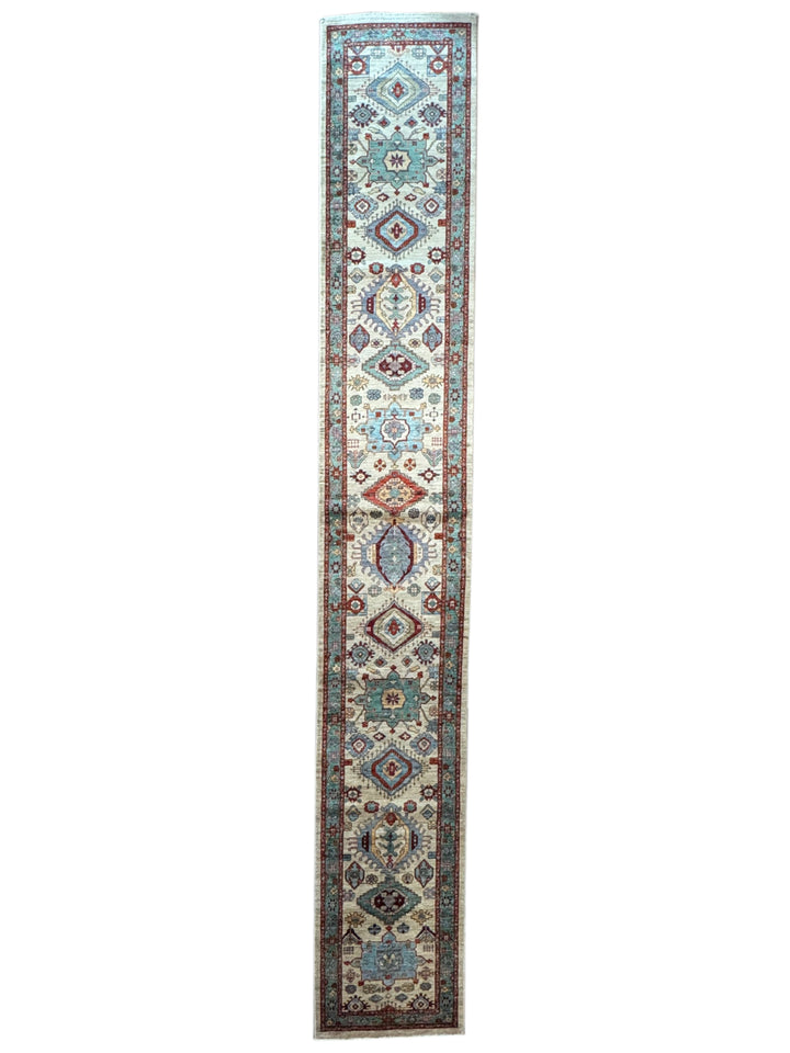 Ivory, Aqua Blue &amp; Rust Geometric Runner Rug – 2.9’ x 18.2’