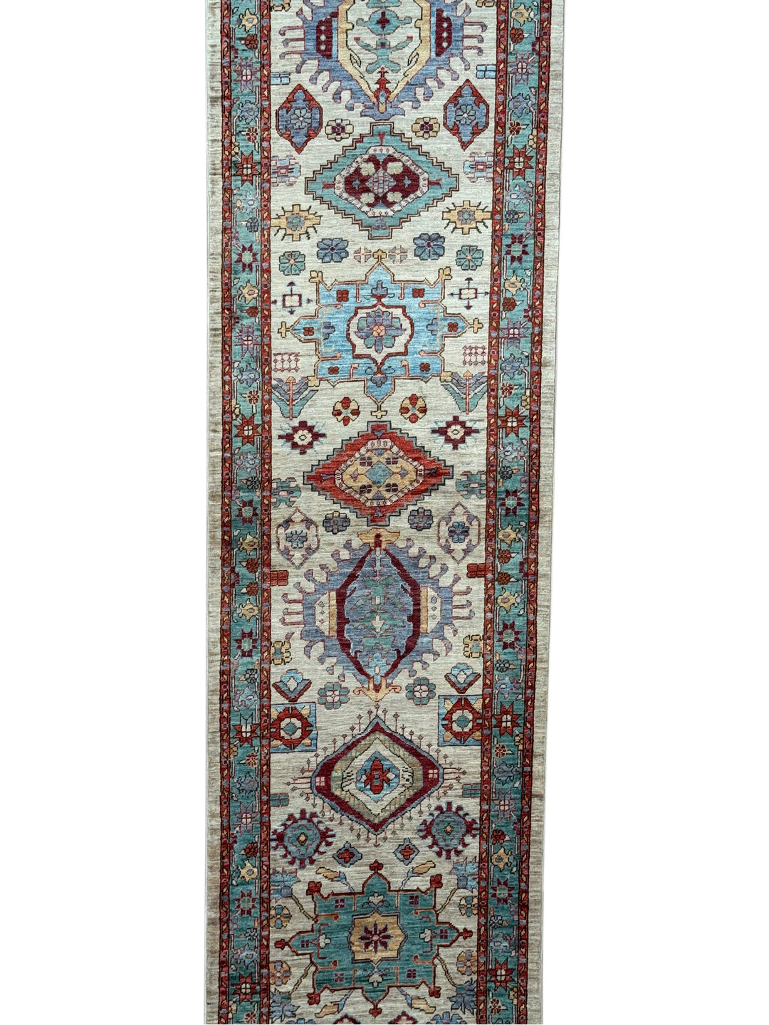 Ivory, Aqua Blue &amp; Rust Geometric Runner Rug – 2.9’ x 18.2’