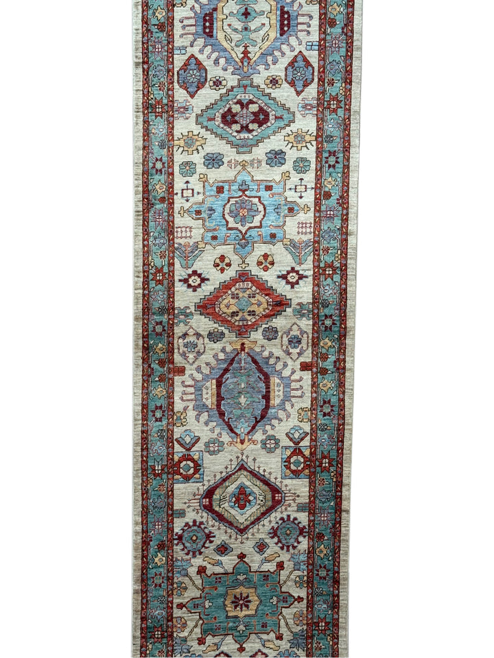 Ivory, Aqua Blue &amp; Rust Geometric Runner Rug – 2.9’ x 18.2’