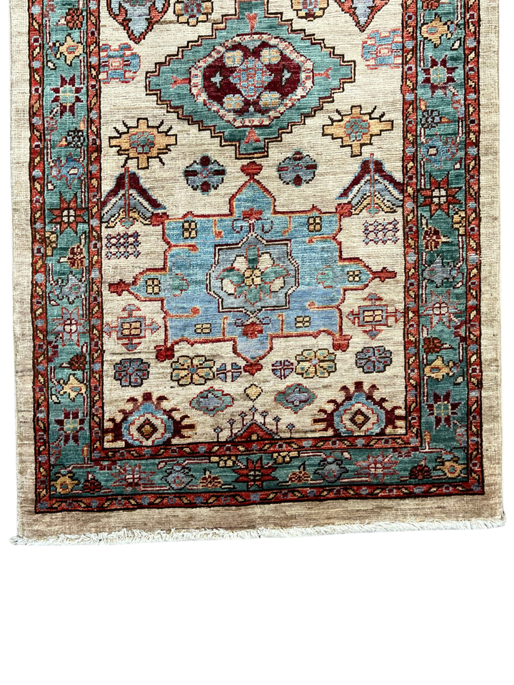 Ivory, Aqua Blue &amp; Rust Geometric Runner Rug – 2.9’ x 18.2’