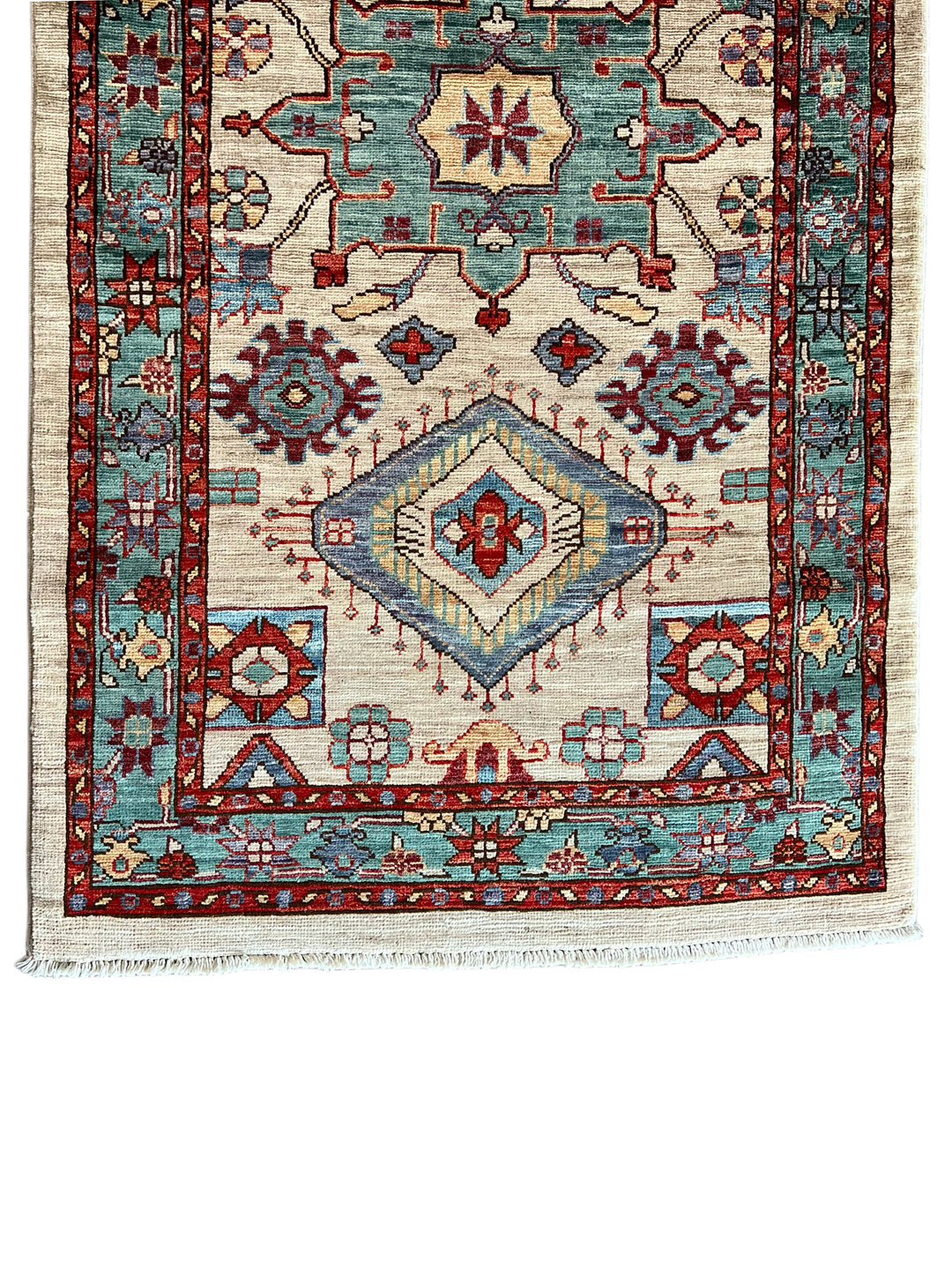 Ivory, Aqua Blue &amp; Rust Geometric Runner Rug – 2.9’ x 18.2’