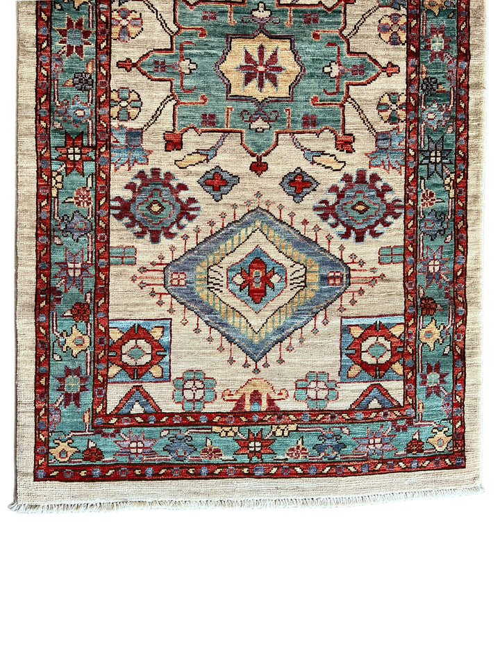 Ivory, Aqua Blue &amp; Rust Geometric Runner Rug – 2.9’ x 18.2’