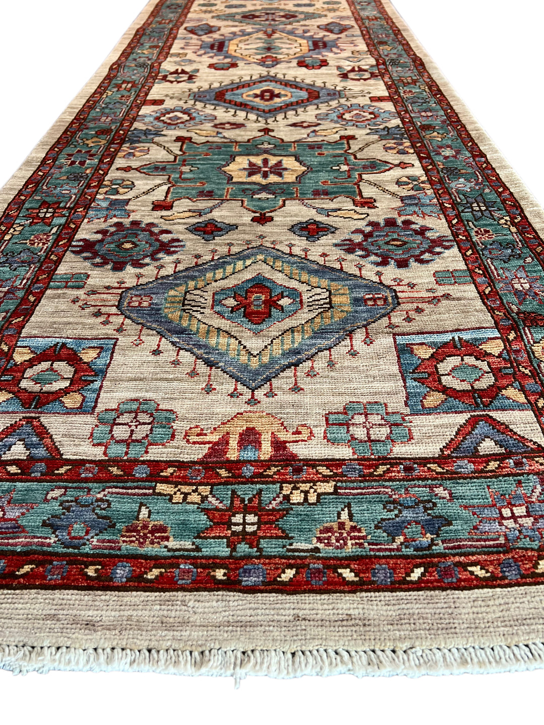 Ivory, Aqua Blue &amp; Rust Geometric Runner Rug – 2.9’ x 18.2’