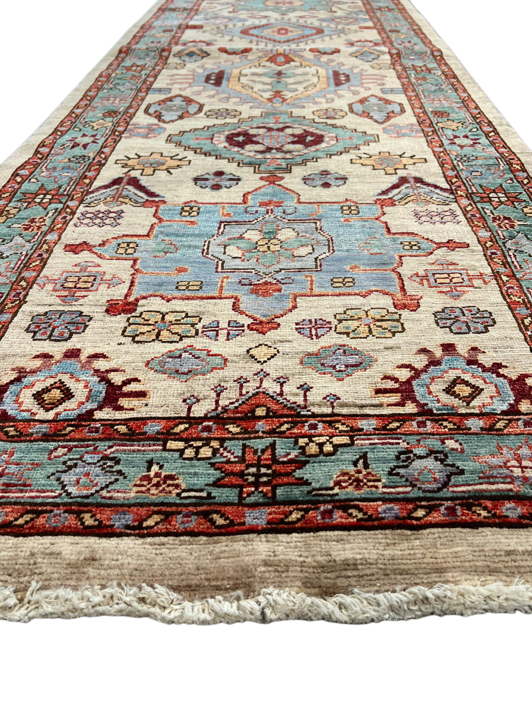 Ivory, Aqua Blue &amp; Rust Geometric Runner Rug – 2.9’ x 18.2’