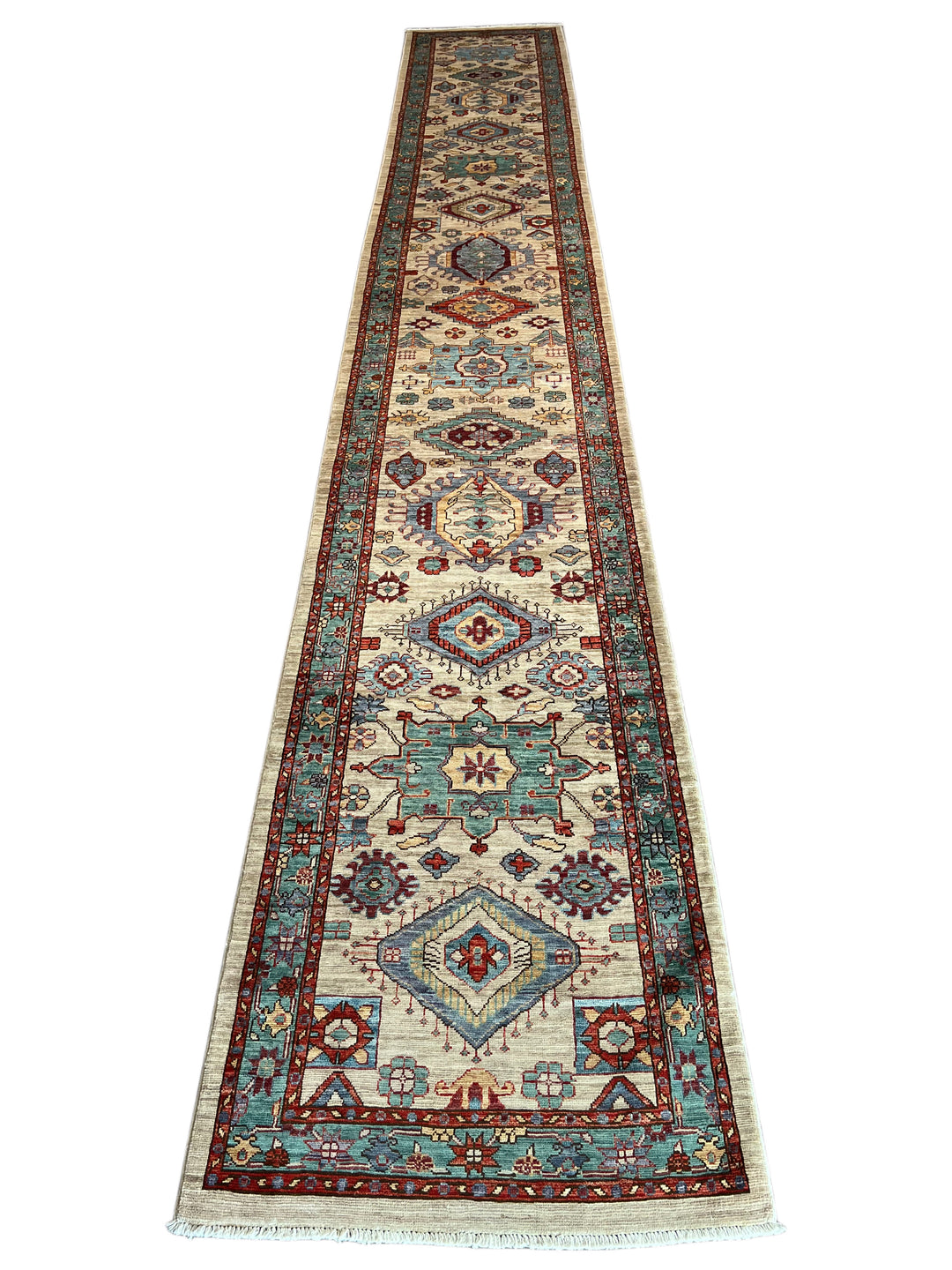 Ivory, Aqua Blue &amp; Rust Geometric Runner Rug – 2.9’ x 18.2’