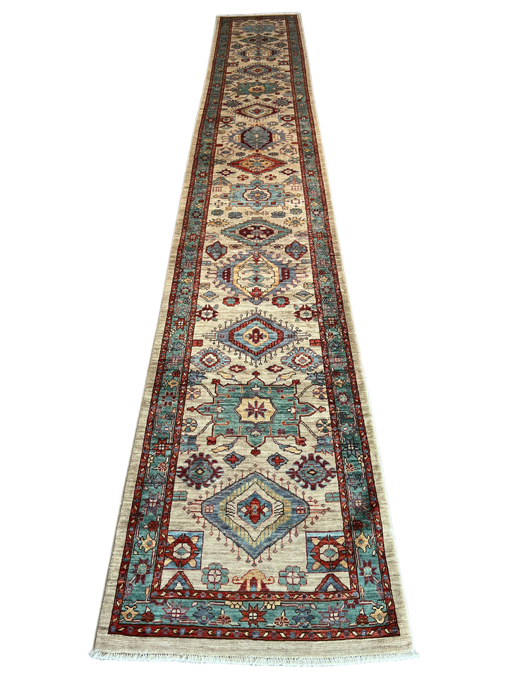Ivory, Aqua Blue &amp; Rust Geometric Runner Rug – 2.9’ x 18.2’