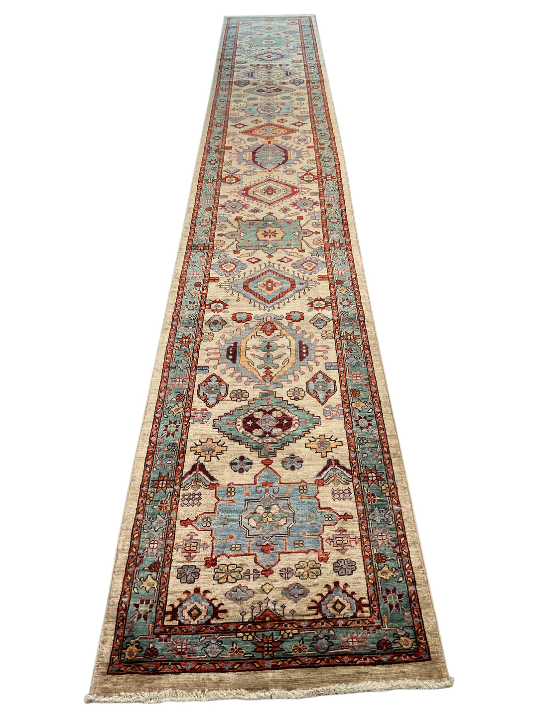 Ivory, Aqua Blue &amp; Rust Geometric Runner Rug – 2.9’ x 18.2’